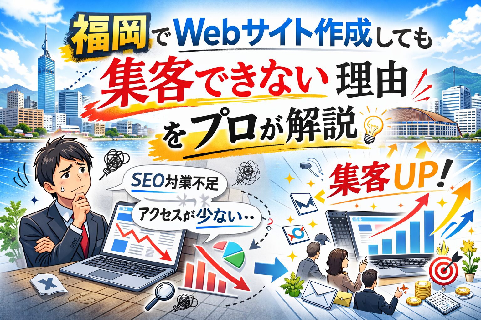 福岡でWebサイト作成しても集客できない理由を解説するイラスト。SEO不足とアクセス減少から集客アップへの改善を対比
