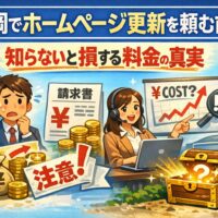 福岡でホームページ更新を依頼する前に料金の真実を解説するイラスト。請求書やコスト上昇グラフ、注意マークと不安そうな男性、説明する女性が描かれている