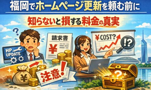福岡でホームページ更新を依頼する前に料金の真実を解説するイラスト。請求書やコスト上昇グラフ、注意マークと不安そうな男性、説明する女性が描かれている