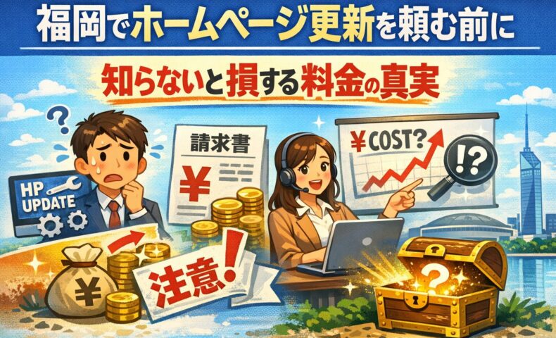 福岡でホームページ更新を依頼する前に料金の真実を解説するイラスト。請求書やコスト上昇グラフ、注意マークと不安そうな男性、説明する女性が描かれている