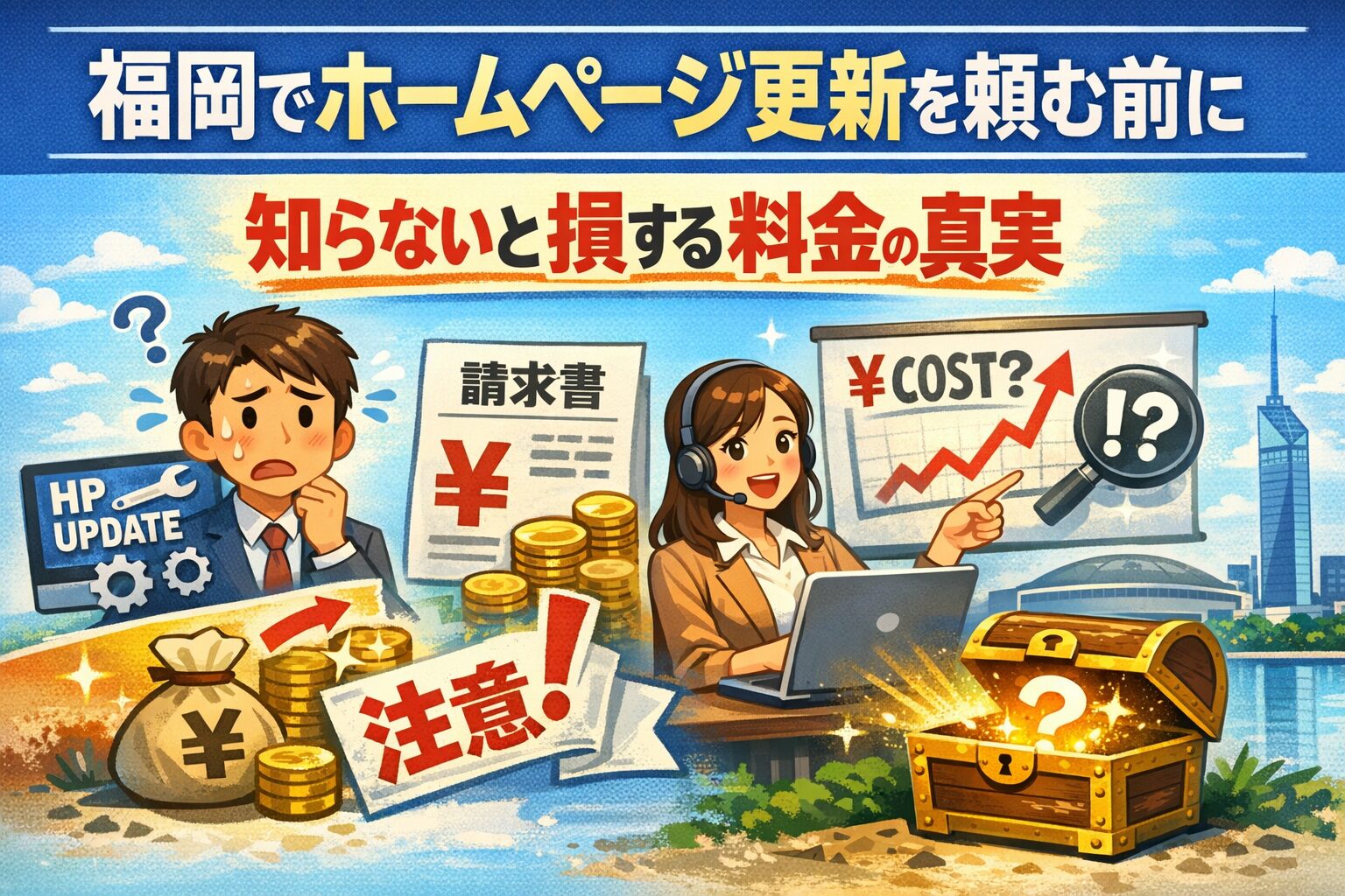 福岡でホームページ更新を依頼する前に料金の真実を解説するイラスト。請求書やコスト上昇グラフ、注意マークと不安そうな男性、説明する女性が描かれている