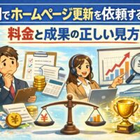福岡でホームページ更新を依頼する前に料金と成果の正しい見方を解説するイラスト。請求書やグラフ、天秤、トロフィーが描かれ、費用と成果の比較を表現している