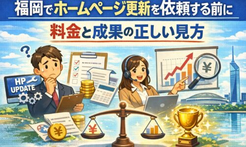 福岡でホームページ更新を依頼する前に料金と成果の正しい見方を解説するイラスト。請求書やグラフ、天秤、トロフィーが描かれ、費用と成果の比較を表現している