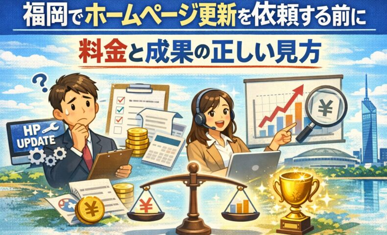 福岡でホームページ更新を依頼する前に料金と成果の正しい見方を解説するイラスト。請求書やグラフ、天秤、トロフィーが描かれ、費用と成果の比較を表現している