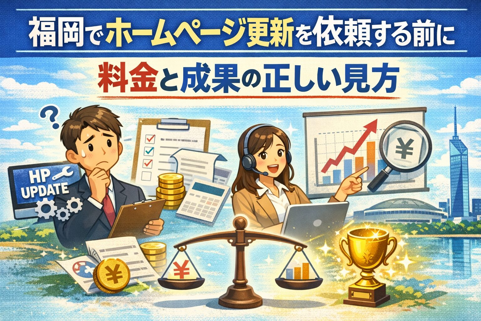 福岡でホームページ更新を依頼する前に料金と成果の正しい見方を解説するイラスト。請求書やグラフ、天秤、トロフィーが描かれ、費用と成果の比較を表現している