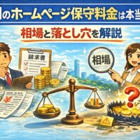 福岡のホームページ保守料金の相場と落とし穴を解説するイラスト。請求書やコイン、天秤、相場の拡大鏡、疑問符付きの罠が描かれている