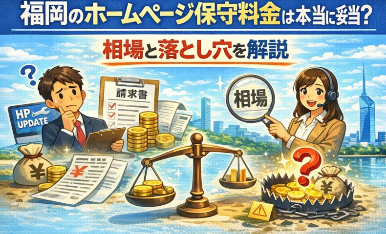 福岡のホームページ保守料金の相場と落とし穴を解説するイラスト。請求書やコイン、天秤、相場の拡大鏡、疑問符付きの罠が描かれている