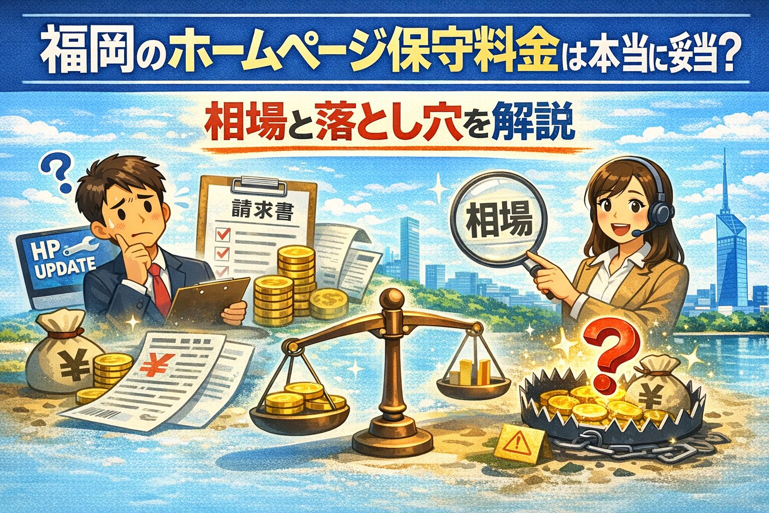 福岡のホームページ保守料金の相場と落とし穴を解説するアイキャッチ画像。請求書やコイン、天秤、相場の拡大鏡、罠のイラストで料金の比較と注意点を表現している