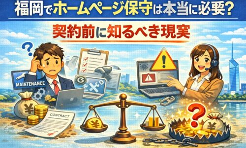 福岡でホームページ保守は本当に必要かをテーマにしたアイキャッチ画像。不安そうな男性と説明する女性、契約書や警告マーク、天秤とお金のイラストで保守契約の判断を表現している