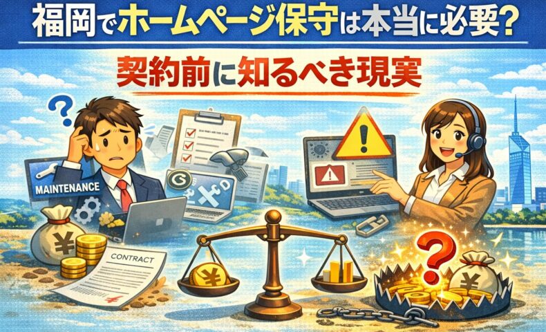 福岡でホームページ保守は本当に必要かをテーマにしたアイキャッチ画像。不安そうな男性と説明する女性、契約書や警告マーク、天秤とお金のイラストで保守契約の判断を表現している