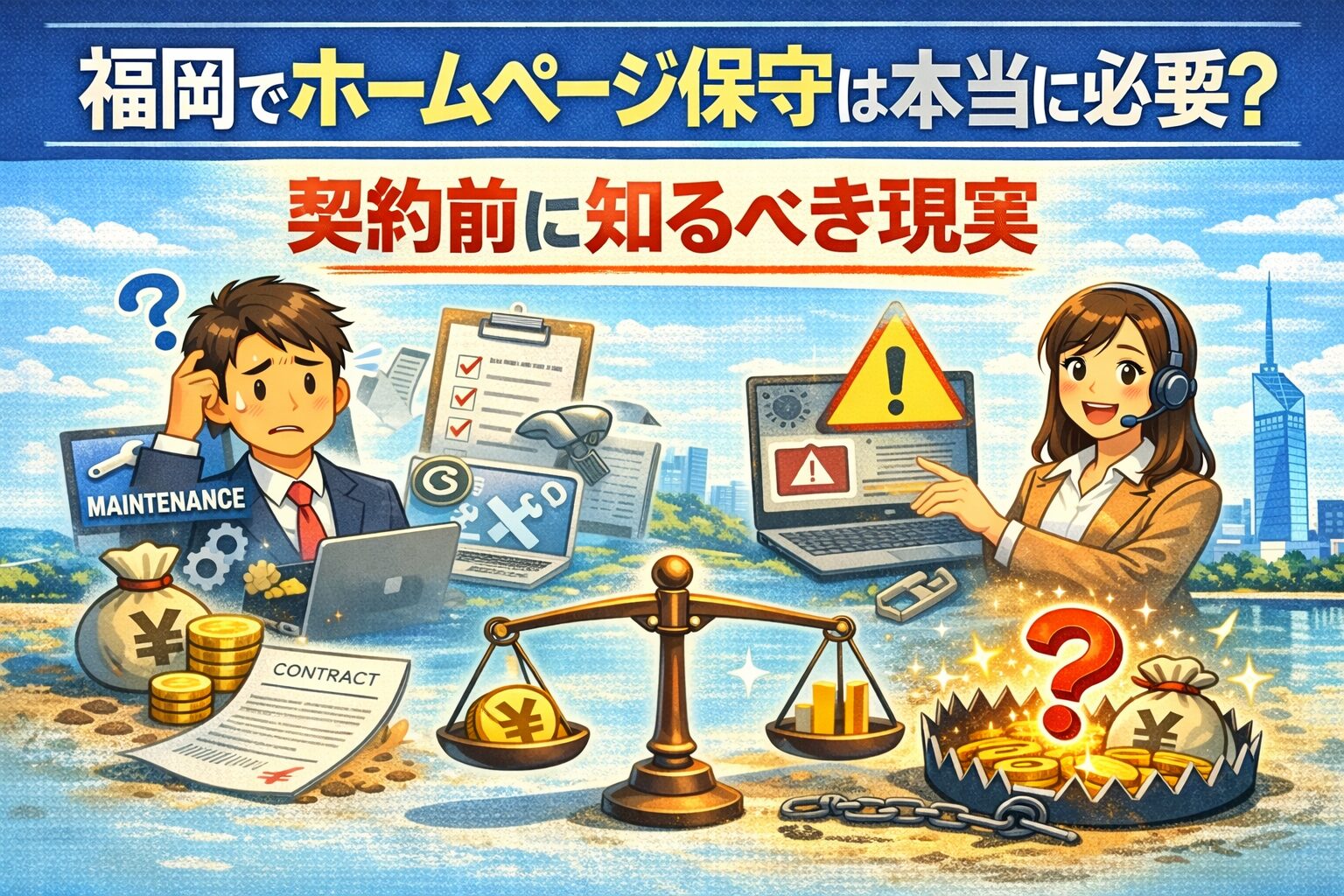 福岡でホームページ保守は本当に必要かをテーマにしたアイキャッチ画像。不安そうな男性と説明する女性、契約書や警告マーク、天秤とお金のイラストで保守契約の判断を表現している