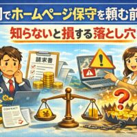 福岡でホームページ保守を頼む前に注意すべき落とし穴を表現したアイキャッチ画像。不安そうな男性、請求書や契約書、警告マーク、天秤とお金のイラストが描かれている