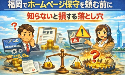 福岡でホームページ保守を頼む前に注意すべき落とし穴を表現したアイキャッチ画像。不安そうな男性、請求書や契約書、警告マーク、天秤とお金のイラストが描かれている
