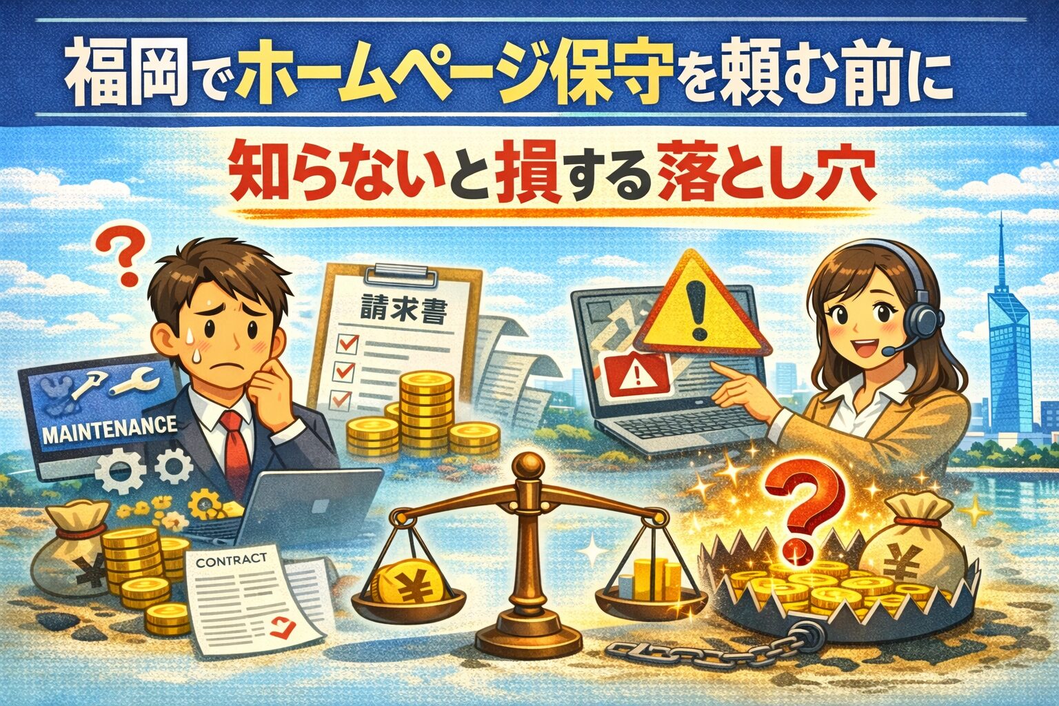 福岡でホームページ保守を頼む前に注意すべき落とし穴を表現したアイキャッチ画像。不安そうな男性、請求書や契約書、警告マーク、天秤とお金のイラストが描かれている