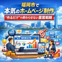 福岡市でホームページ制作とSEO対策による集客戦略を表現したイメージ画像。パソコン画面にグラフ上昇とSEO・広告アイコンが描かれている