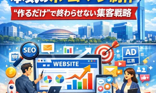 福岡市でホームページ制作とSEO対策による集客戦略を表現したイメージ画像。パソコン画面にグラフ上昇とSEO・広告アイコンが描かれている