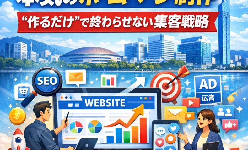 福岡市でホームページ制作とSEO対策による集客戦略を表現したイメージ画像。パソコン画面にグラフ上昇とSEO・広告アイコンが描かれている