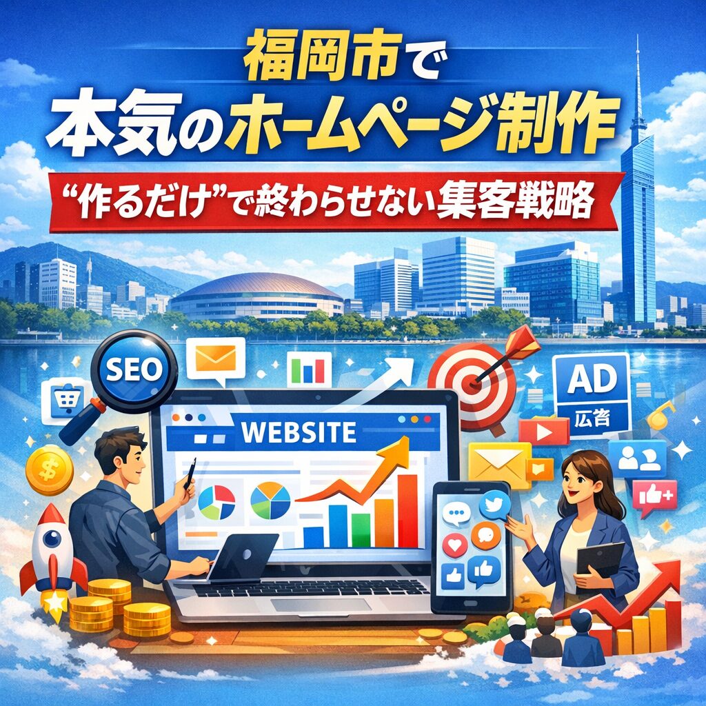 福岡市でホームページ制作とSEO対策による集客戦略を表現したイメージ画像。パソコン画面にグラフ上昇とSEO・広告アイコンが描かれている