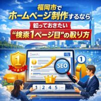 福岡市でホームページ制作を行い検索1ページ目を目指すSEO戦略を表現したイメージ画像。パソコン画面に検索順位1位とSEOアイコンが表示されている