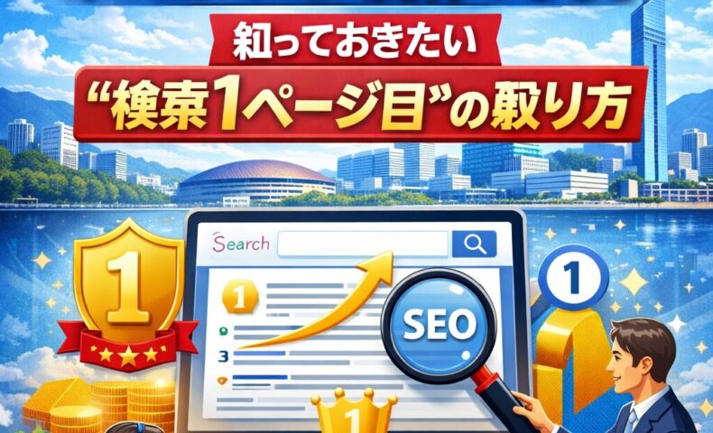 福岡市でホームページ制作を行い検索1ページ目を目指すSEO戦略を表現したイメージ画像。パソコン画面に検索順位1位とSEOアイコンが表示されている