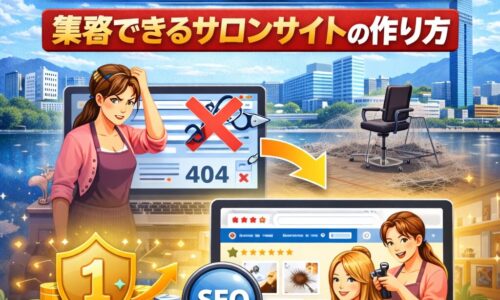 福岡の美容室がホームページ制作で失敗から成功へ改善するSEO対策イメージ画像。404エラー画面と検索1位を示すサロンサイトが描かれている