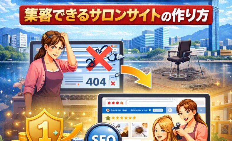 福岡の美容室がホームページ制作で失敗から成功へ改善するSEO対策イメージ画像。404エラー画面と検索1位を示すサロンサイトが描かれている