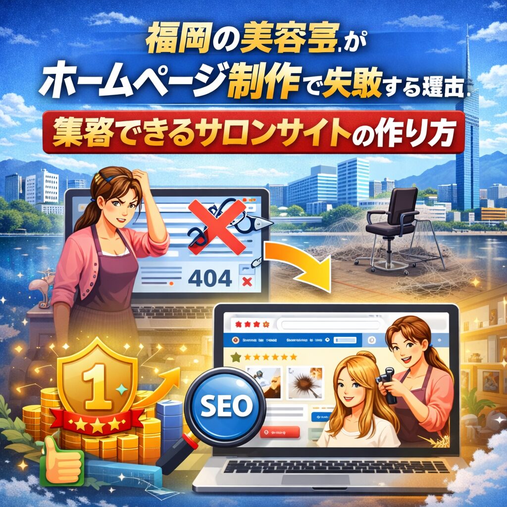 福岡の美容室がホームページ制作で失敗から成功へ改善するSEO対策イメージ画像。404エラー画面と検索1位を示すサロンサイトが描かれている