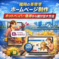 福岡の美容室がホームページ制作とSEO対策でホットペッパー依存から抜け出す様子を表現したイメージ画像。鎖で縛られたHotpepperロゴと検索上位のサロンサイトが描かれている