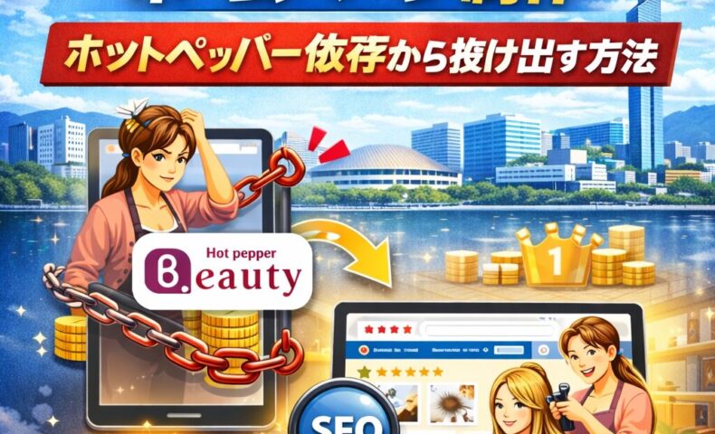福岡の美容室がホームページ制作とSEO対策でホットペッパー依存から抜け出す様子を表現したイメージ画像。鎖で縛られたHotpepperロゴと検索上位のサロンサイトが描かれている