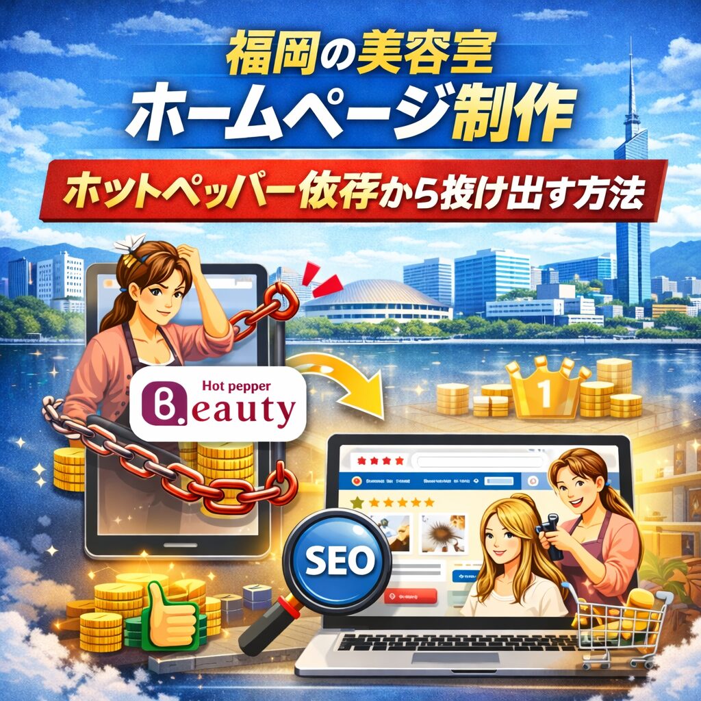 福岡の美容室がホームページ制作とSEO対策でホットペッパー依存から抜け出す様子を表現したイメージ画像。鎖で縛られたHotpepperロゴと検索上位のサロンサイトが描かれている