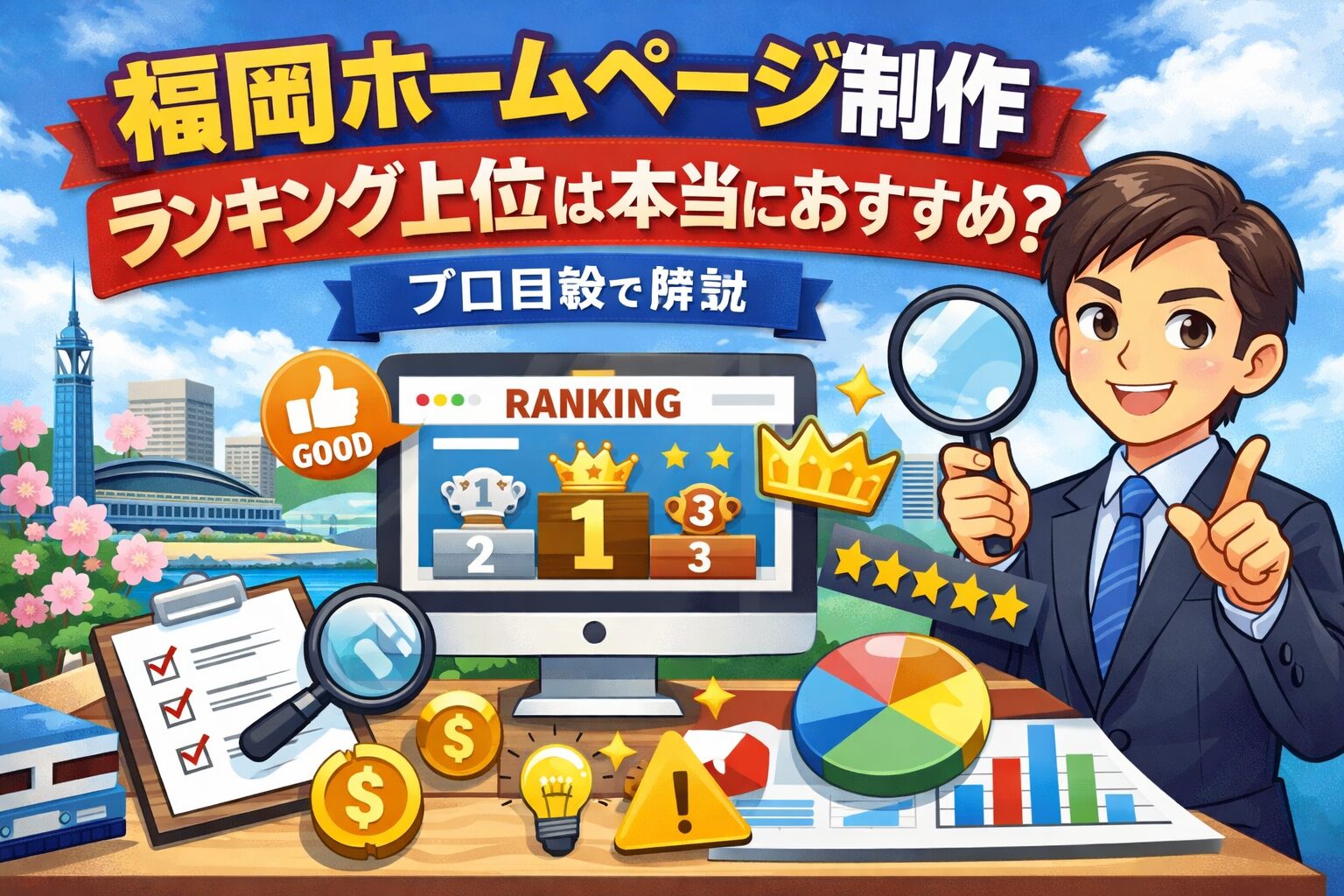 福岡ホームページ制作ランキング上位は本当におすすめかをプロ目線で解説するイメージイラスト