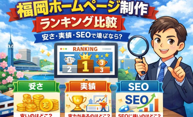 福岡のホームページ制作ランキングを安さ・実績・SEOで比較しているイメージイラスト