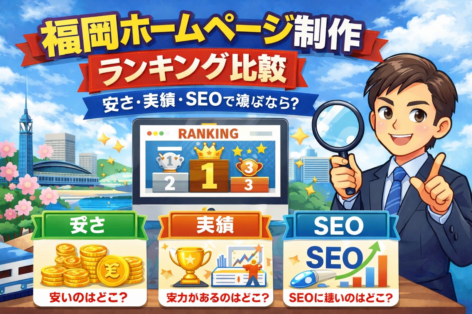 福岡のホームページ制作ランキングを安さ・実績・SEOで比較しているイメージイラスト