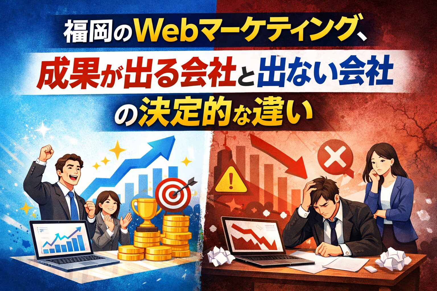 福岡のWebマーケティングで成果が出る会社と出ない会社の違いを対比したイメージ画像