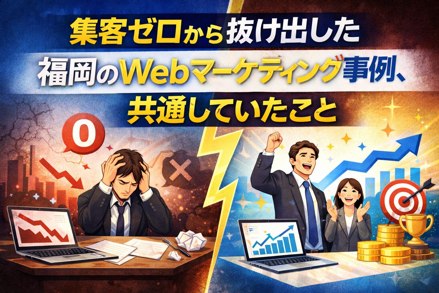 集客ゼロから成果を出した福岡のWebマーケティング事例と共通点を対比で表現したアイキャッチ画像