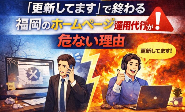 「更新してます」で終わる福岡のホームページ運用代行が危ない理由を対比で表現したアイキャッチ画像