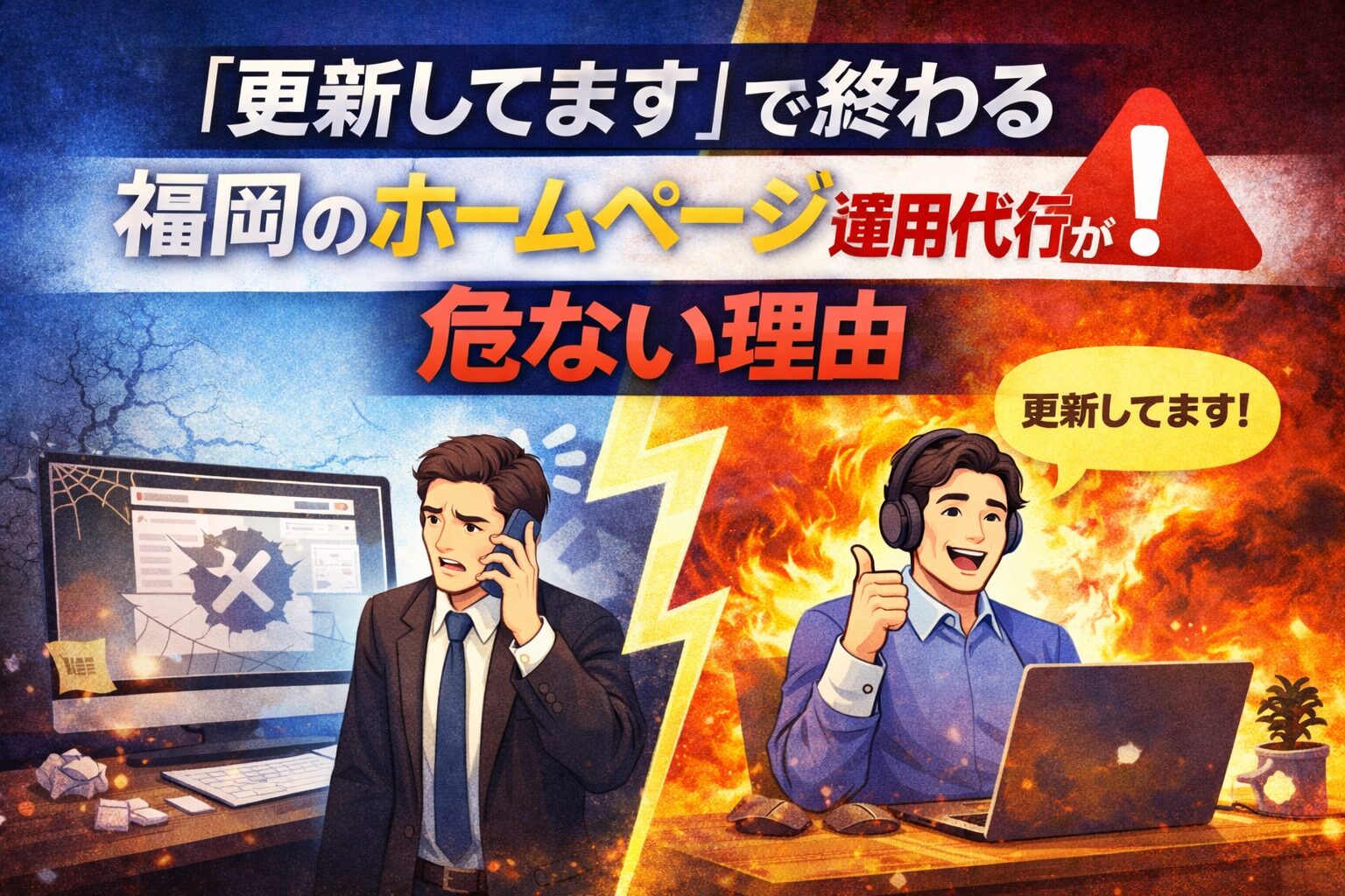 「更新してます」で終わる福岡のホームページ運用代行が危ない理由を対比で表現したアイキャッチ画像