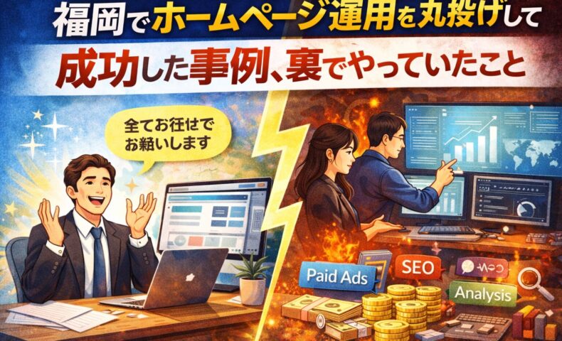 福岡でホームページ運用を丸投げして成功した事例と、裏で行われていた取り組みを表現したアイキャッチ画像