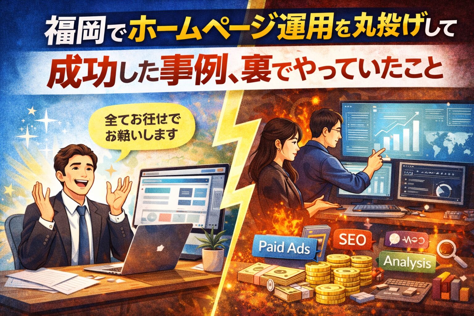 福岡でホームページ運用を丸投げして成功した事例と、裏で行われていた取り組みを表現したアイキャッチ画像