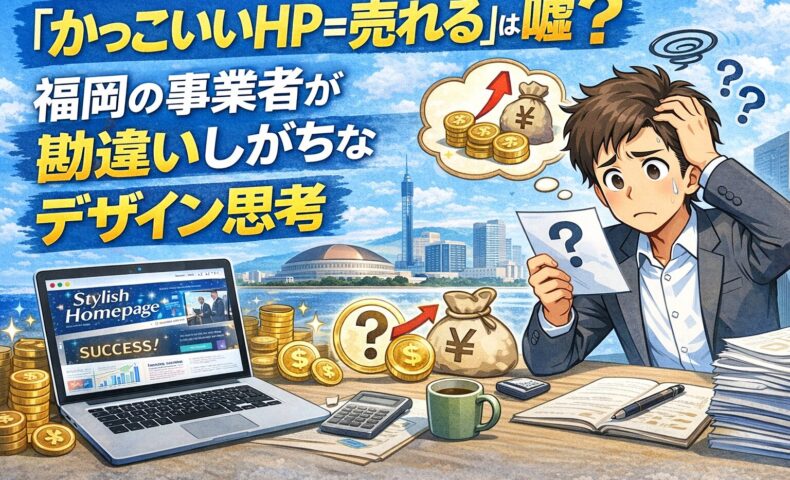 福岡の事業者がかっこいいホームページデザインにこだわり、売上につながらず悩んでいるイメージ画像