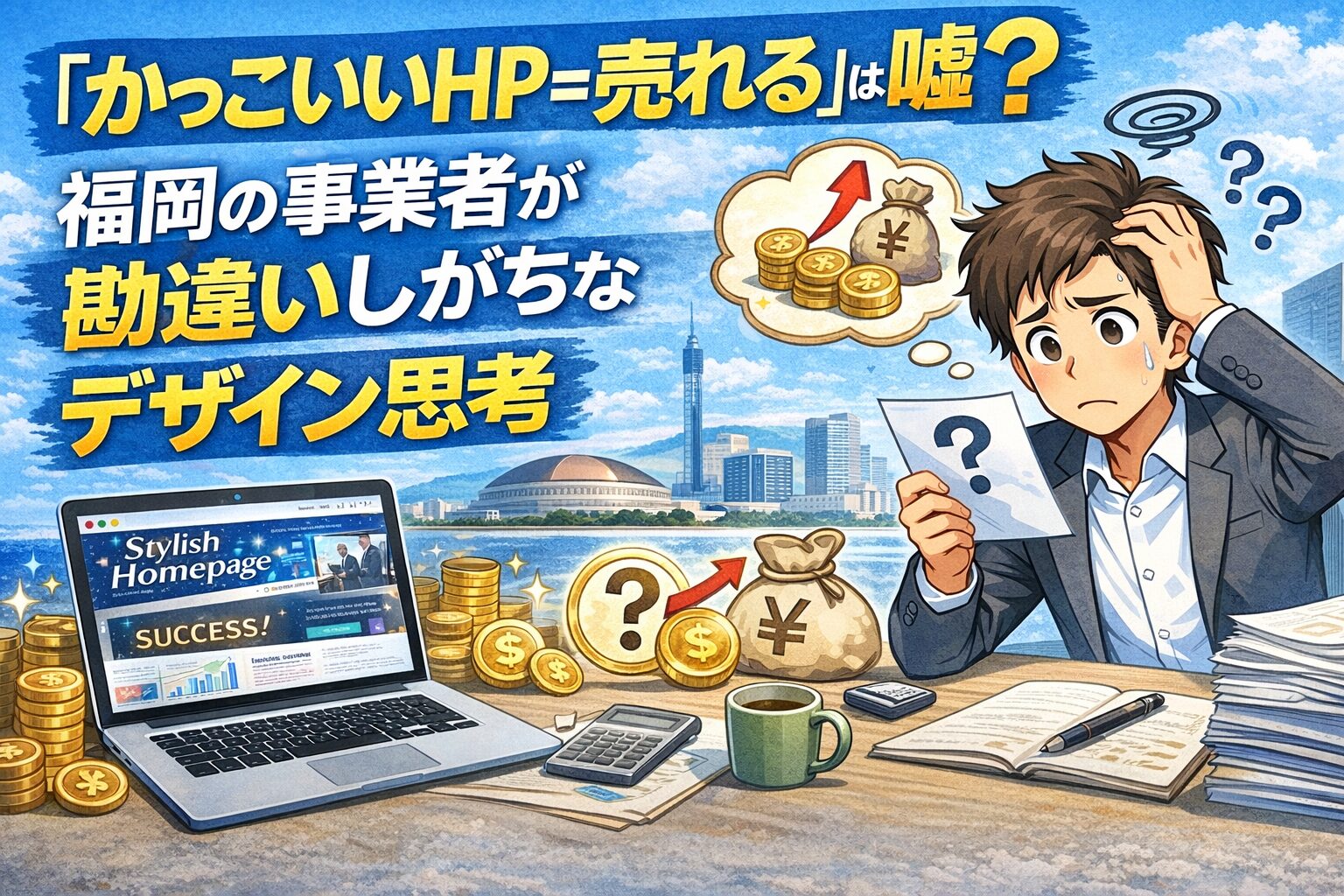 福岡の事業者がかっこいいホームページデザインにこだわり、売上につながらず悩んでいるイメージ画像