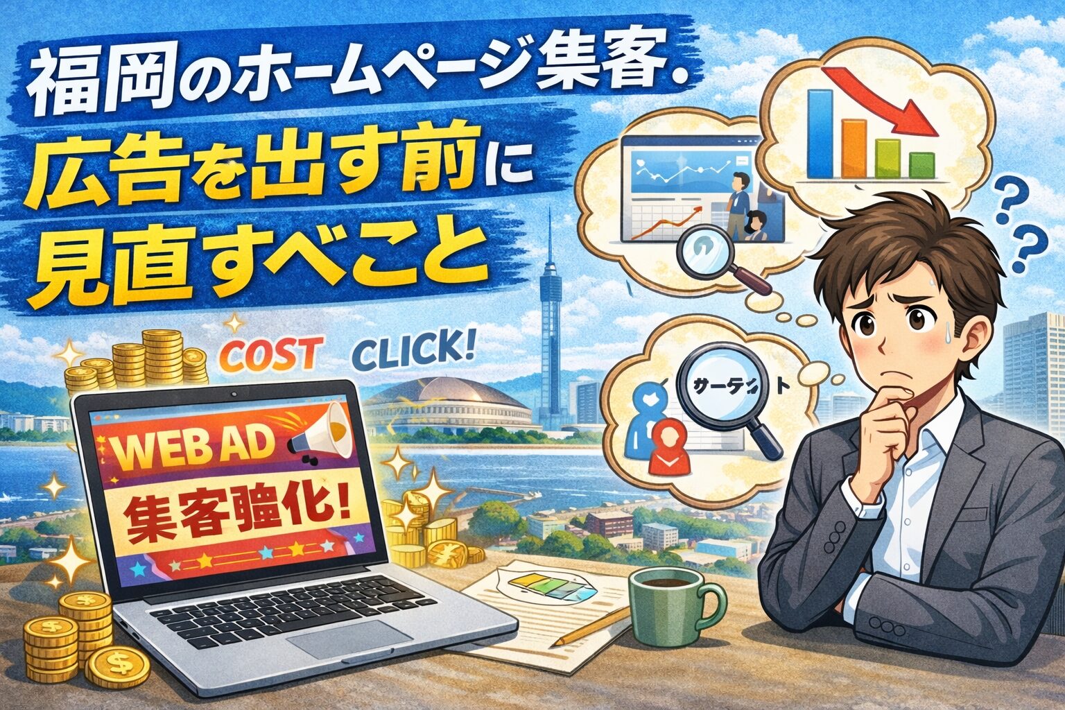 福岡のホームページ集客で広告を出す前に見直すべきポイントを考えている事業者のイメージ画像
