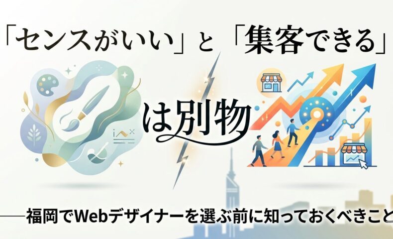 デザイン性（筆・パレット）と集客力（上昇グラフ・来店客）を対比させたイラスト。「センスがいい」と「集客できる」は別物であることを表現した、福岡のWebデザイナー選びに関する記事のアイキャッチ画像