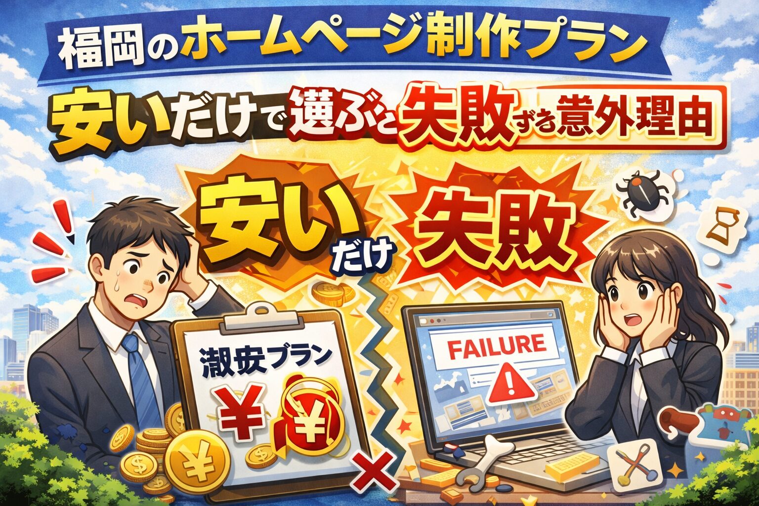 福岡のホームページ制作プランを安さだけで選ぶと失敗する理由を解説するイメージ画像