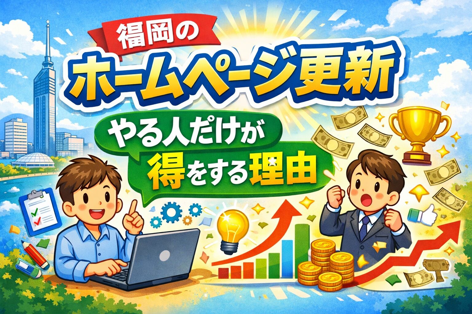 福岡のホームページ更新を行うことで検索順位や売上が伸びるイメージを表したイラスト