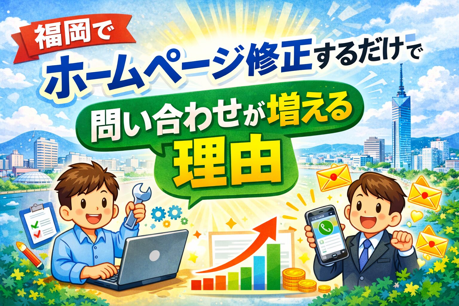 福岡でホームページ修正を行うことで問い合わせが増える仕組みを表したアイキャッチ画像