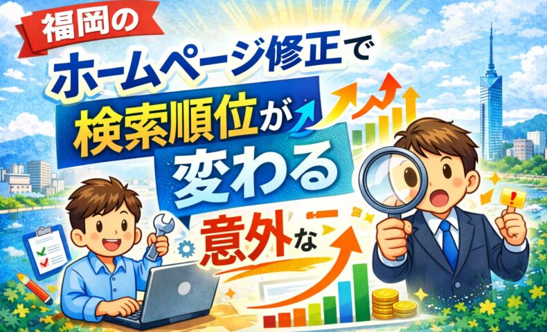 福岡のホームページ修正で検索順位が変わるSEO改善を表したアイキャッチ画像