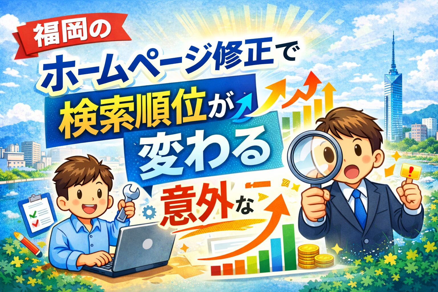 福岡のホームページ修正で検索順位が変わるSEO改善を表したアイキャッチ画像