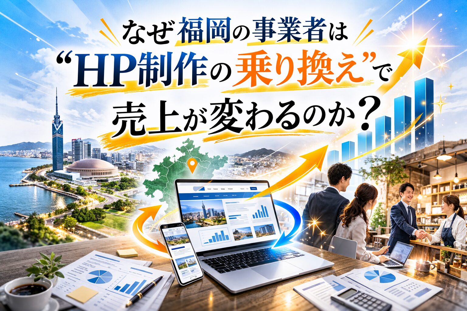 福岡でホームページ制作の乗り換えによって売上が伸びるイメージを示したアイキャッチ画像。都市風景やグラフ上昇、ビジネスシーンが描かれている