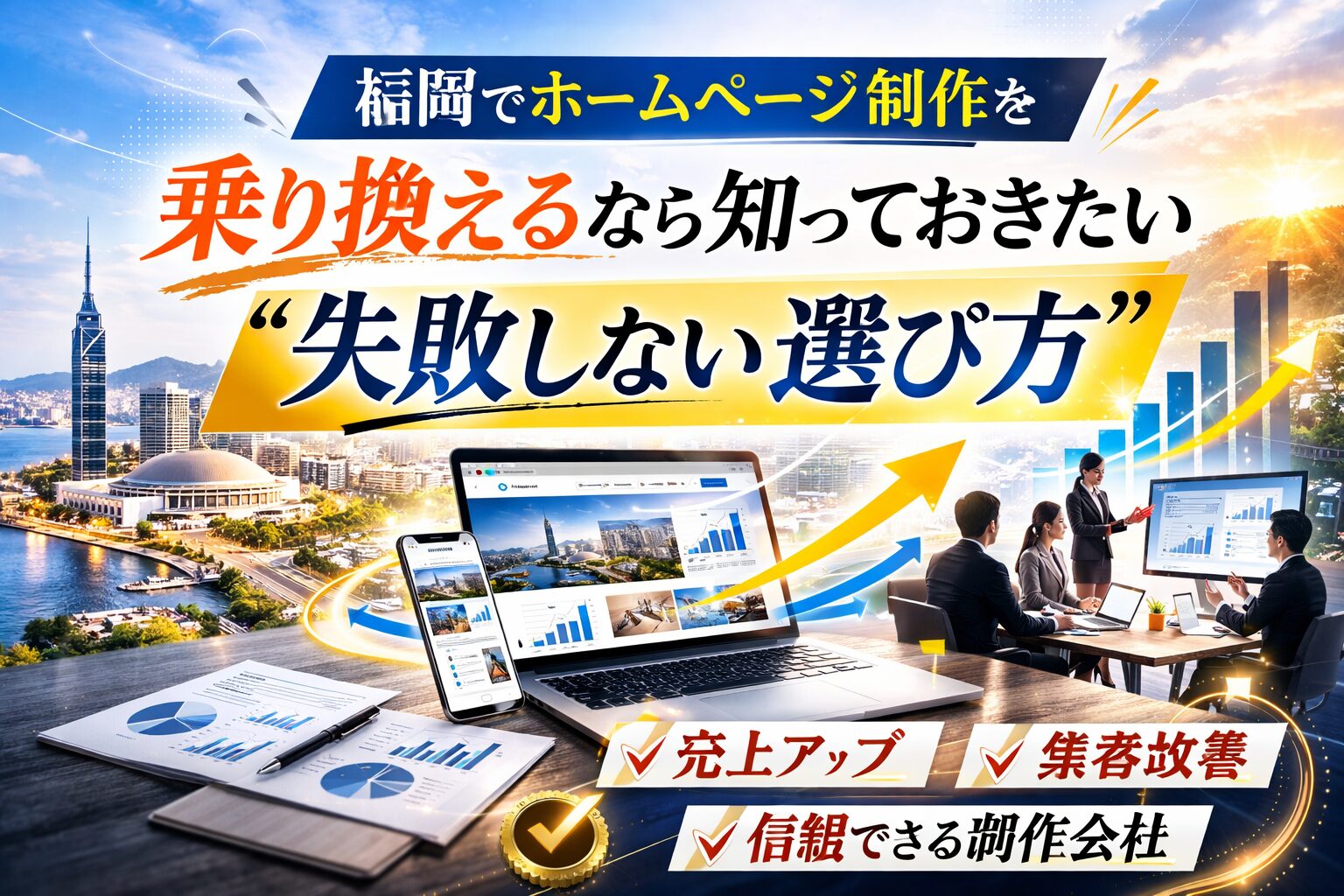 福岡でホームページ制作の乗り換えを成功させるための選び方を表現したアイキャッチ画像。都市風景と売上アップのグラフ、商談シーンが描かれている